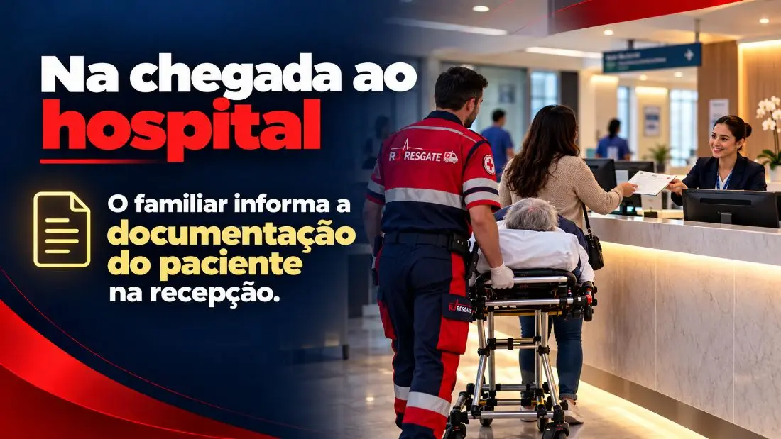 Na chegada ao hospital, o familiar informa a documentação do paciente na recepção
