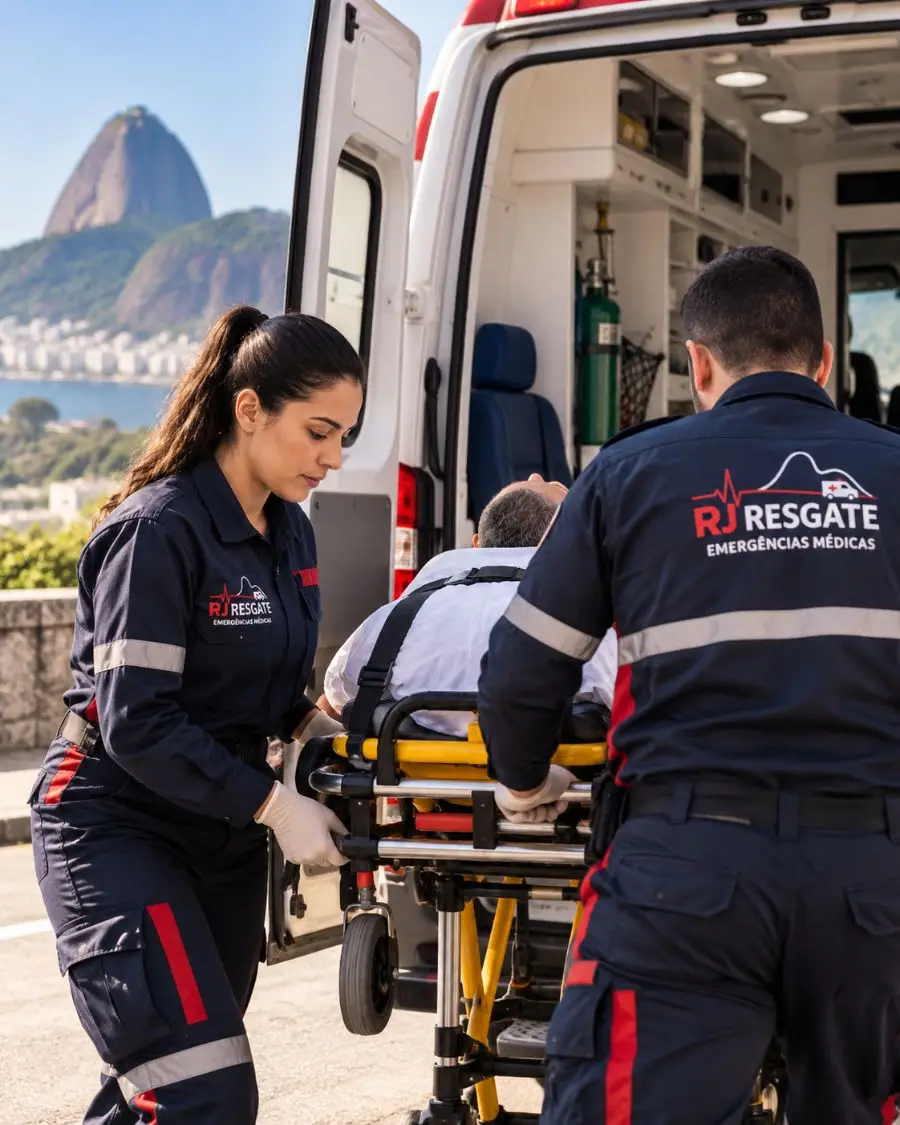 Equipe da RJ Resgate colocando paciente na ambulância